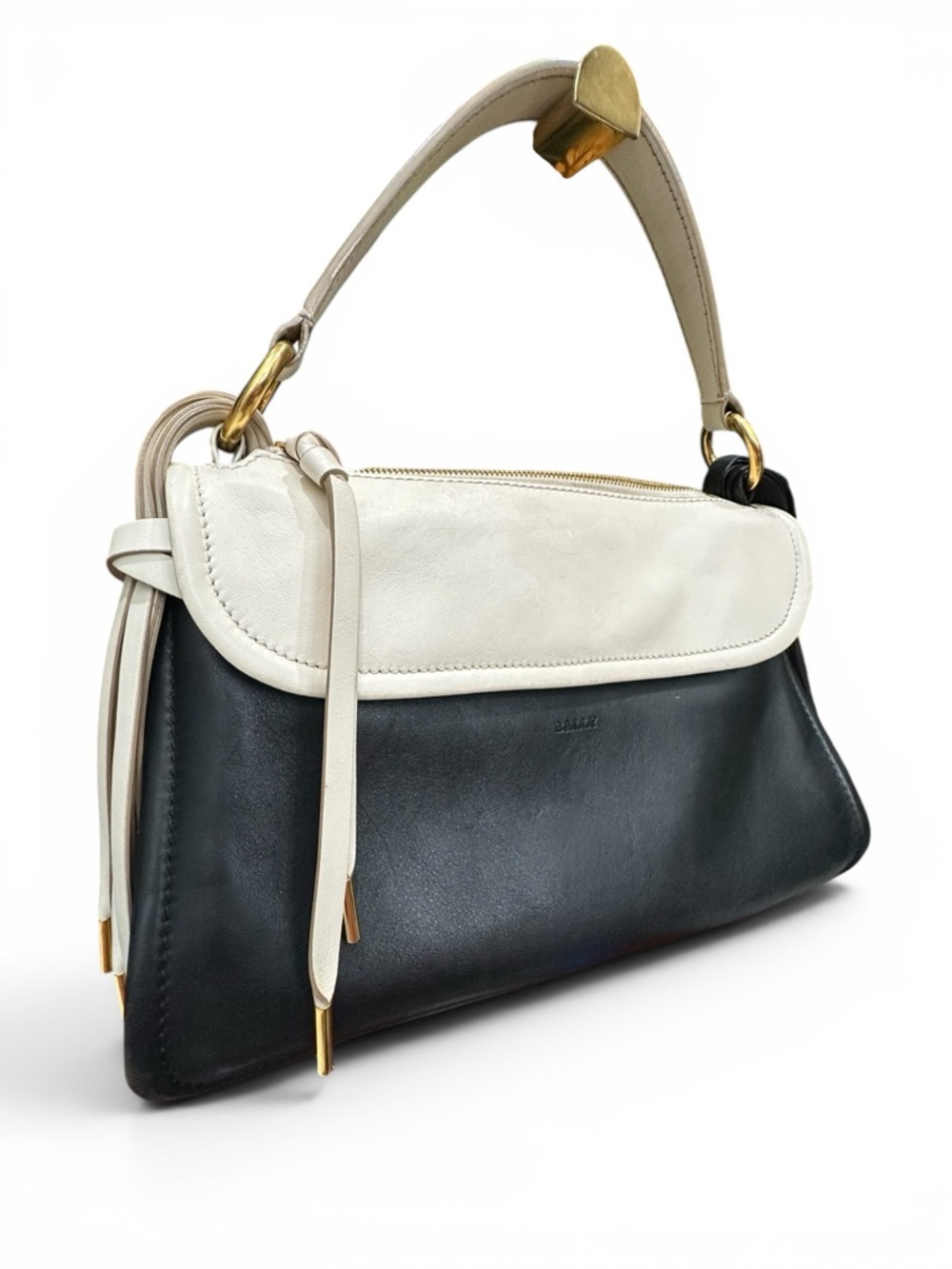 Bally Kyrah Black Ivory Leather Shoulder Bag Tassel Detail Top Handle Italy